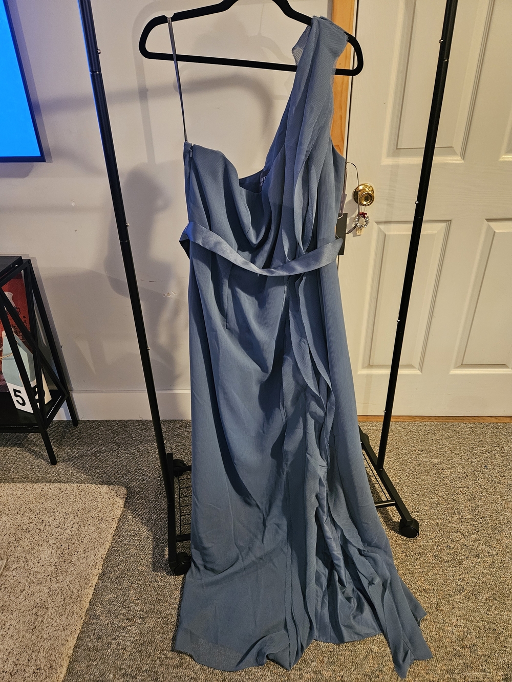 Vera Wang One-Shoulder Dusty Blue Evening Gown
